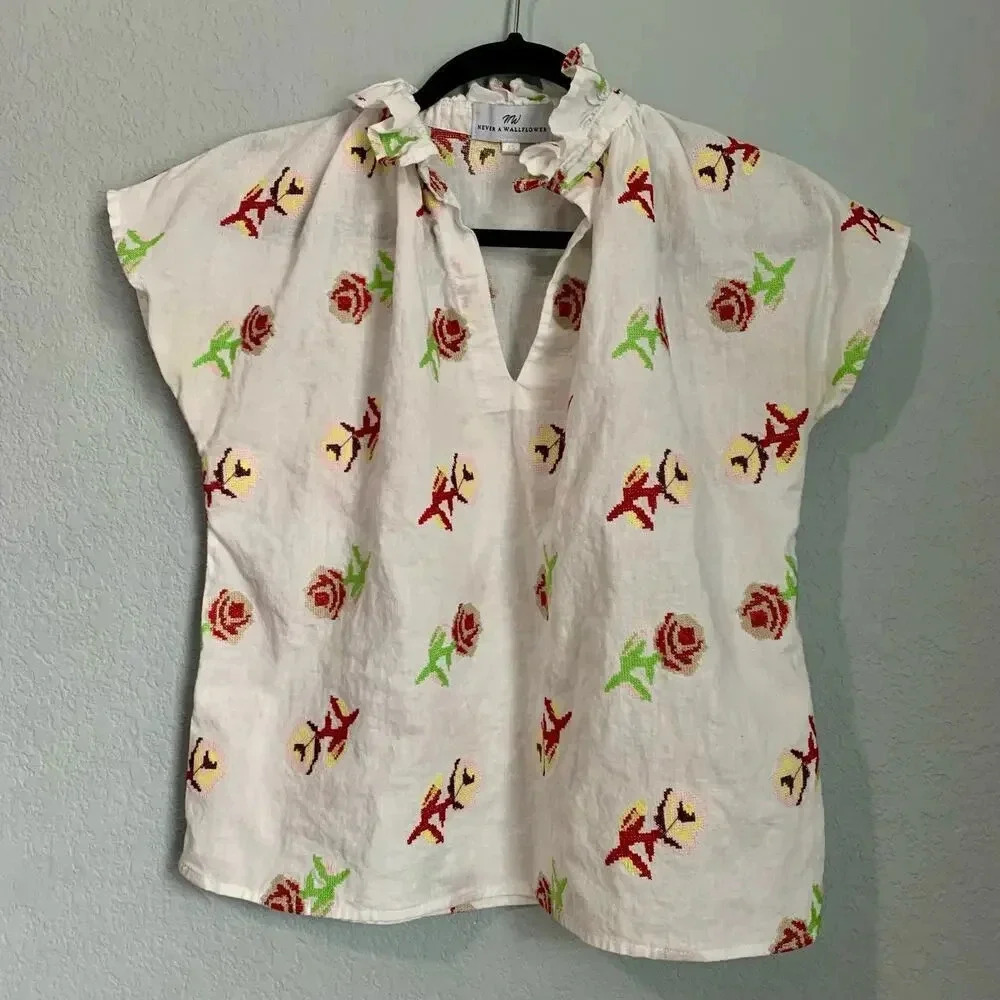 Never A Wallflower White Ruffled Popped Collar Floral Embroidered Shirt- XS/S